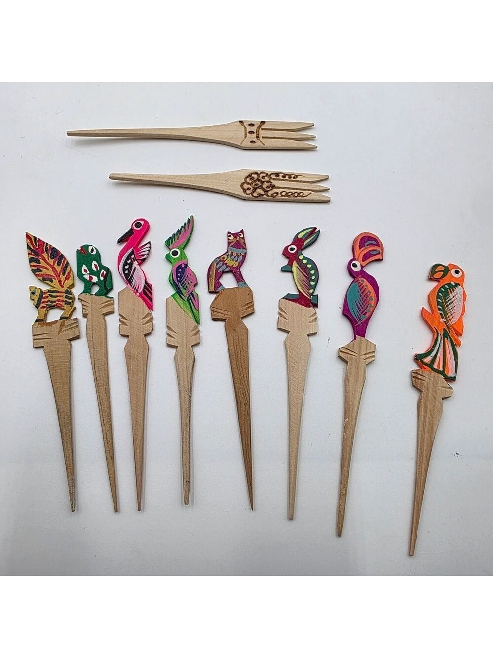 Handpainted Colorful Wooden Bird And Animal Cocktail Picks Set